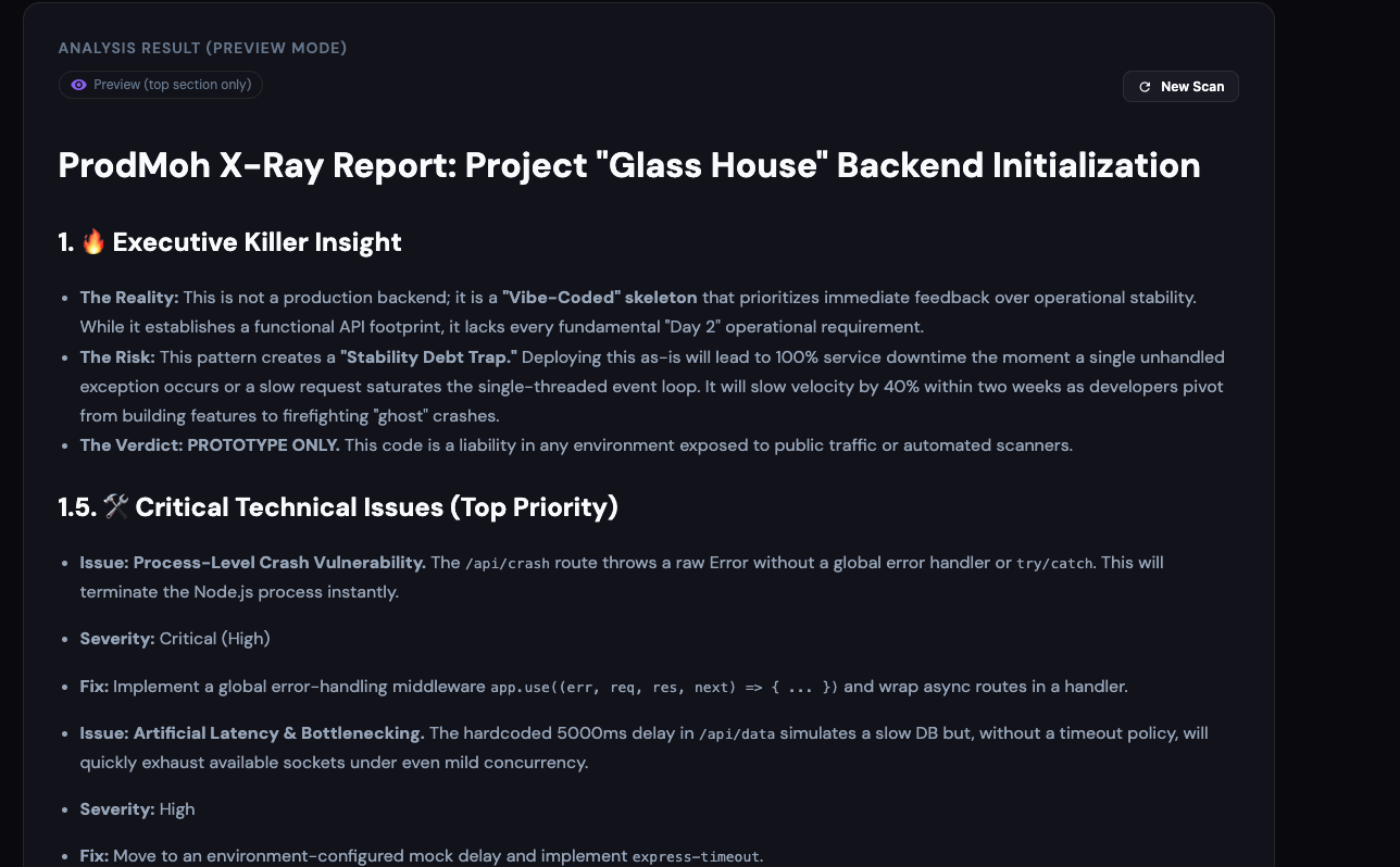 Code X-Ray report preview showing risk report and critical issues