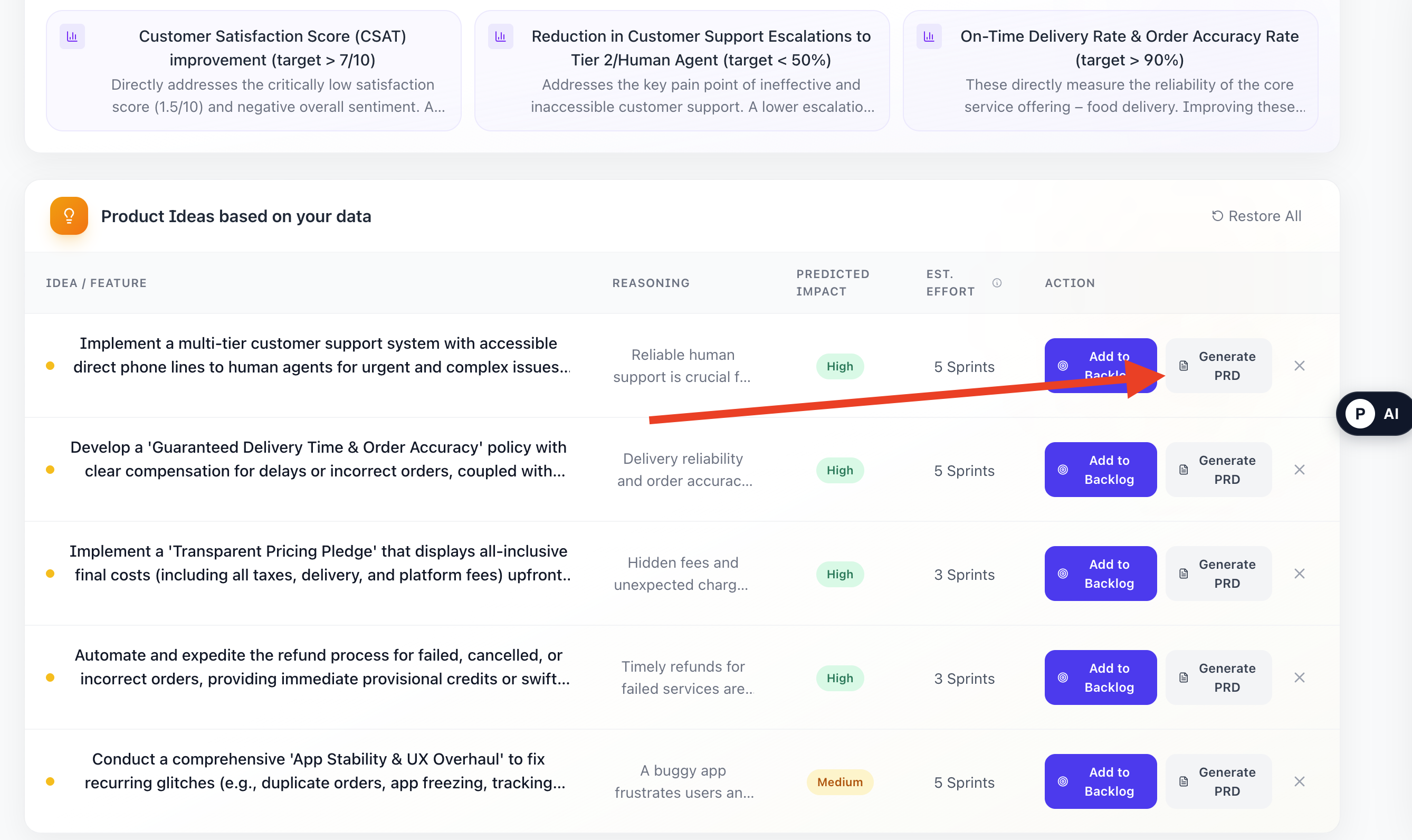 Step 3 screenshot: generate PRD